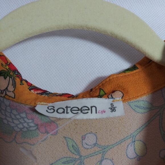 Sateen Life Orange Paisley Print Tie Cuff Button Up High Low Retro Size Small - Picture 6 of 8